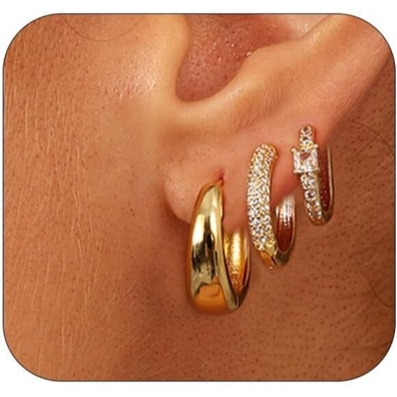 🆕 Women Gold Small Hoop Earrings Trendy Chunky Multiple Piercing Jewelry Gift - Picture 1 of 7